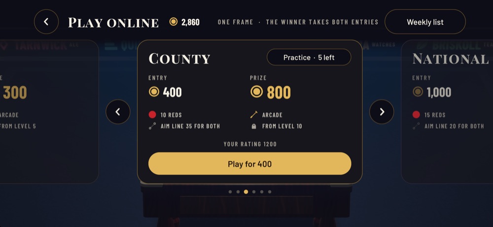 The online tables, one card per table with its reds, entry and prize.